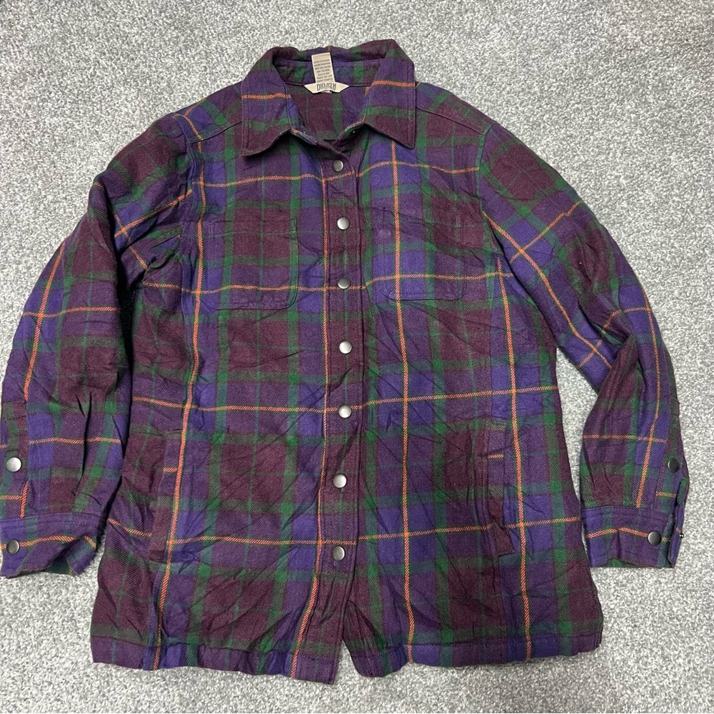 Duluth Trading Jacket Womens Medium Purple Plaid Flannel Shacket Lined Snap Down